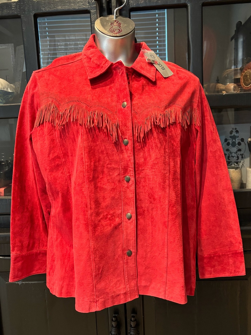 NWT Chico’s Size 4 vintage 90s Cherry red suede fringe jacket